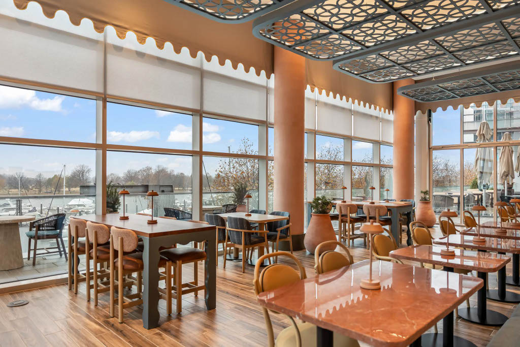 a room with tables and chairs