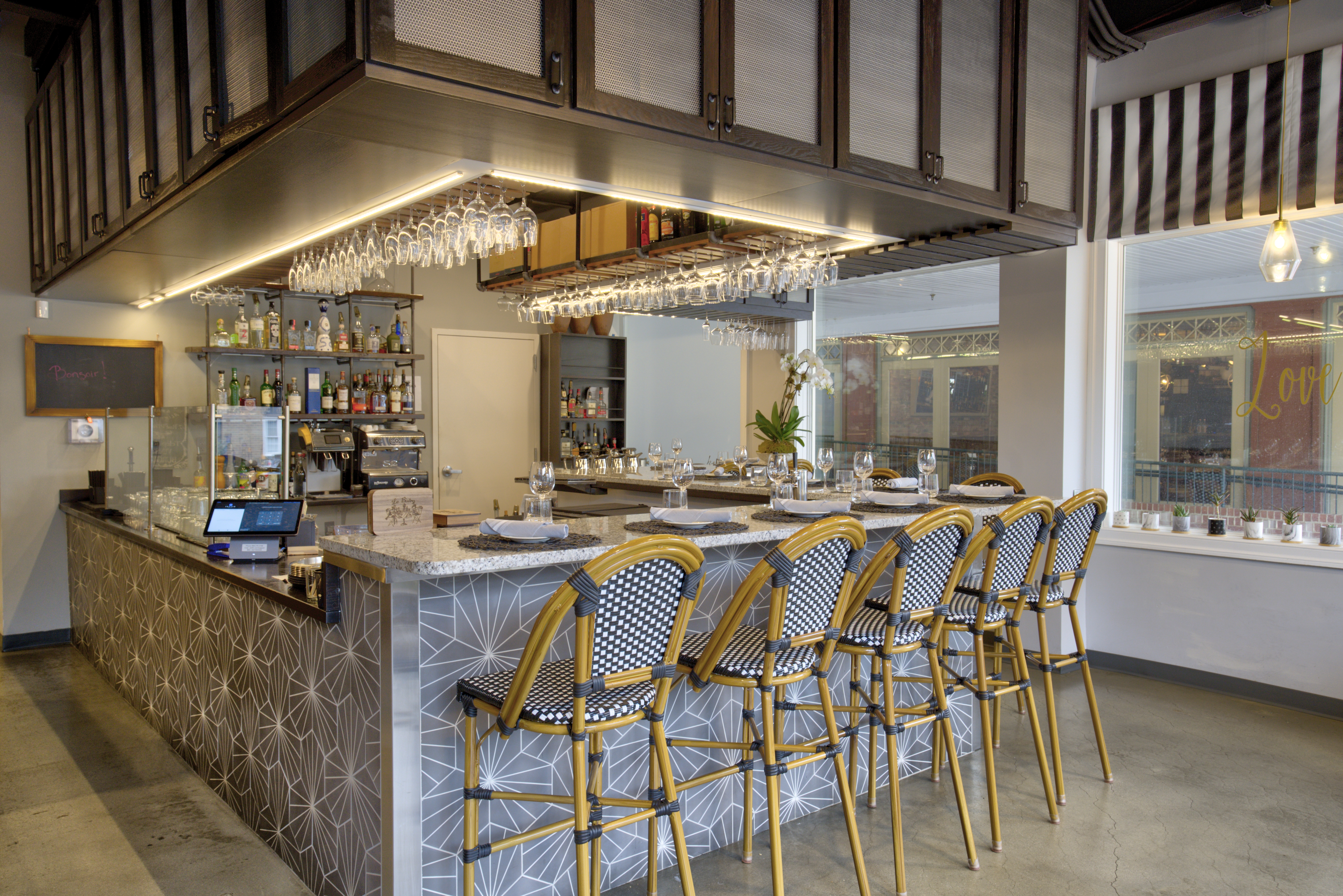 a kitchen with a dining table