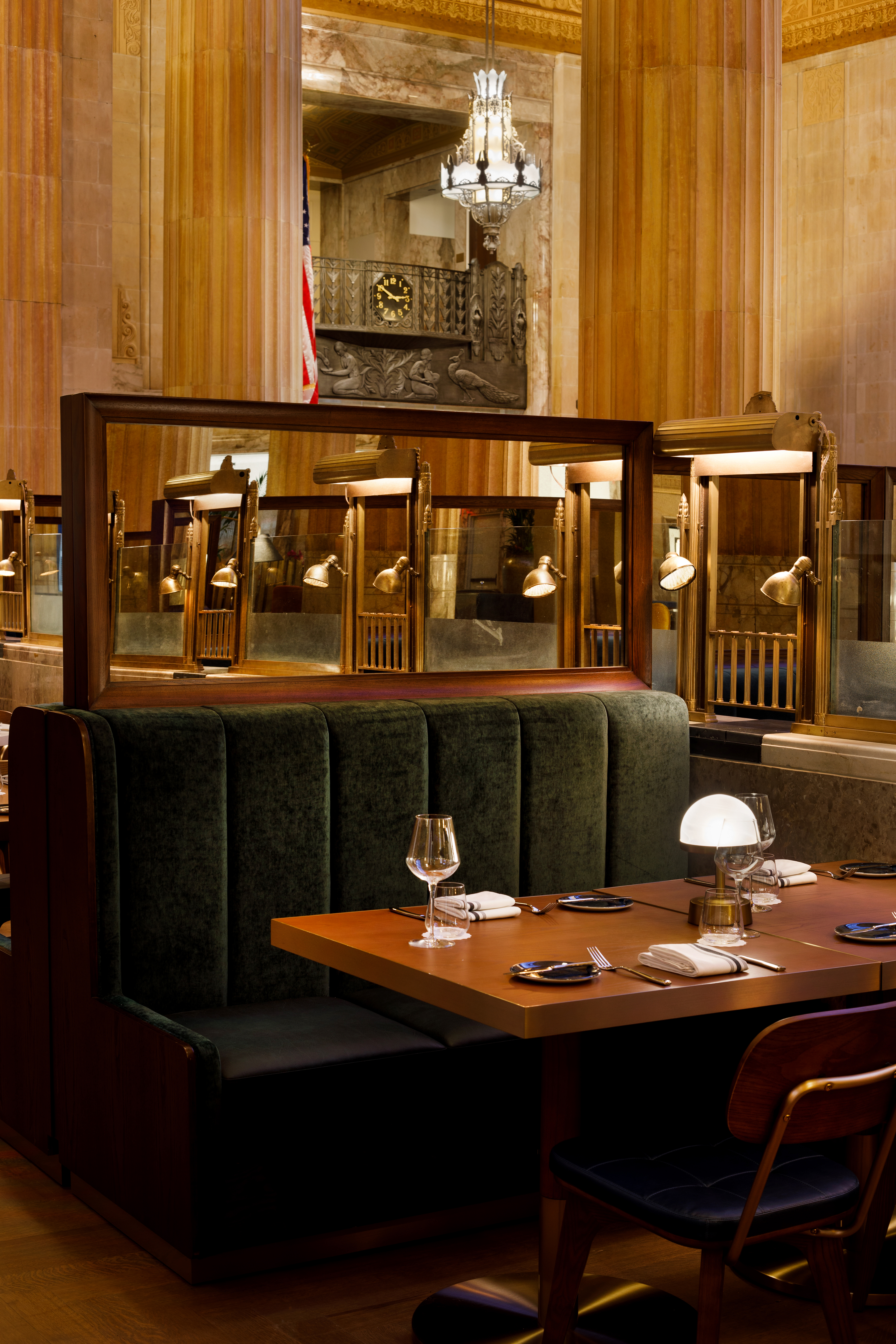 a dining room with a couch and table