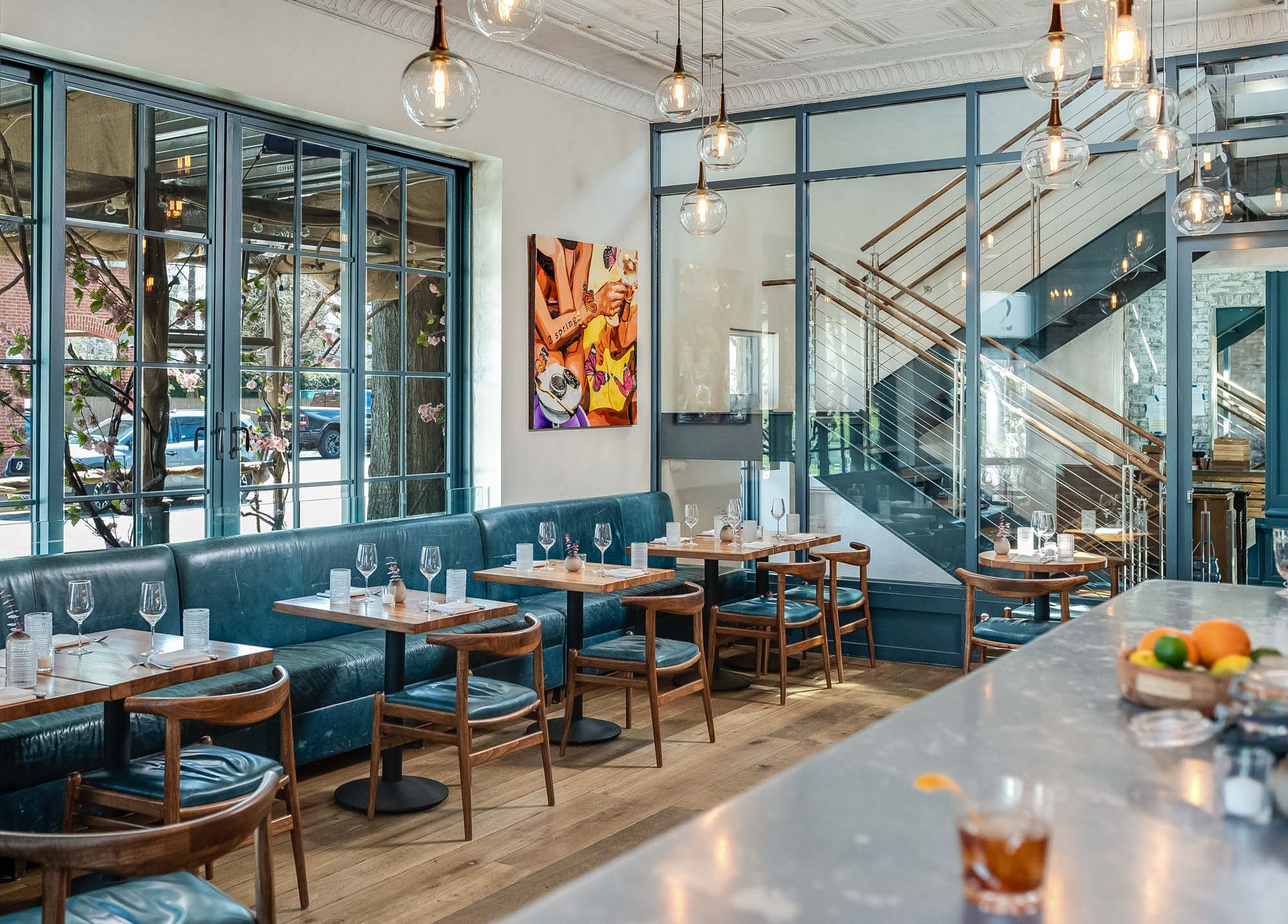 a dining room table in front of a building