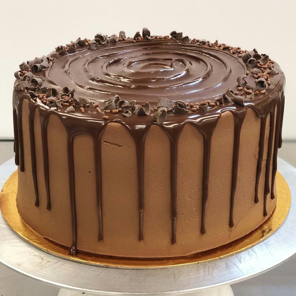 a large chocolate cake sitting on top of a table
