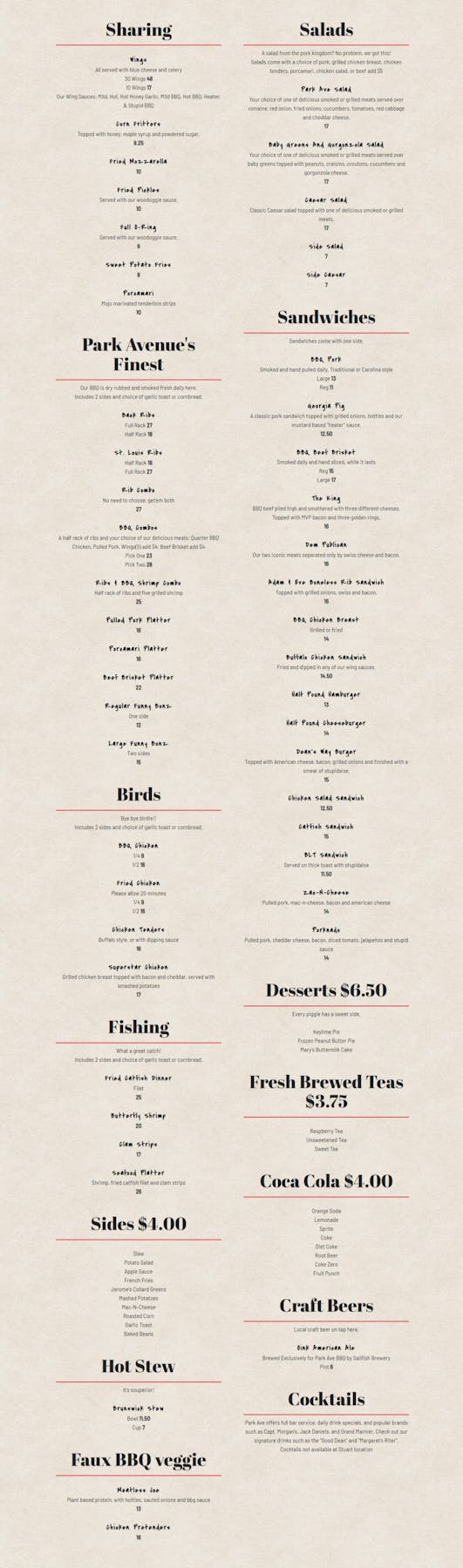 Park Avenue BBQ Menu