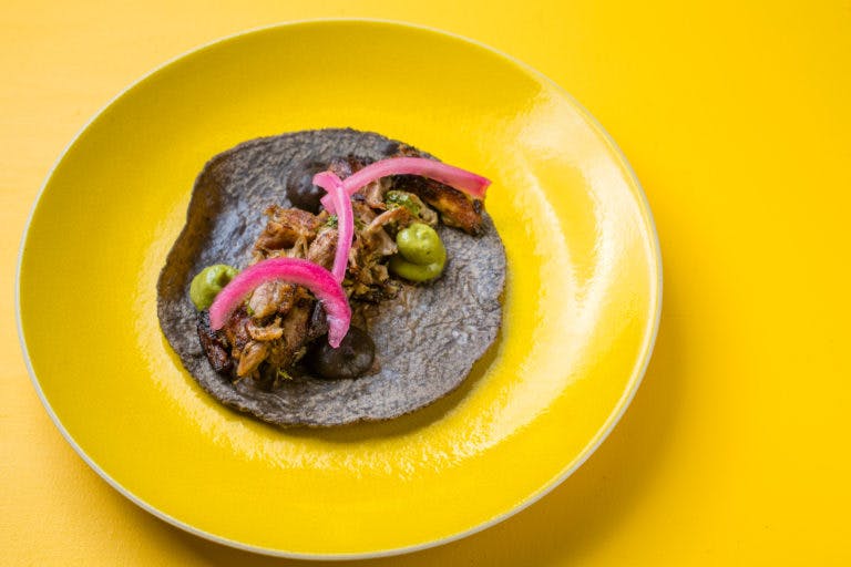 a blue tortilla taco on a plate