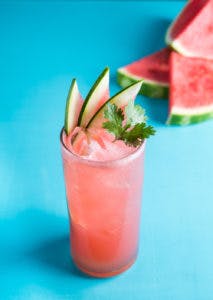 a close up of a drink with watermelon slices next to it