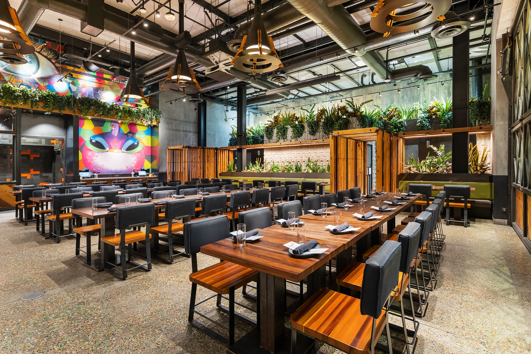 a dining room table in front of a building