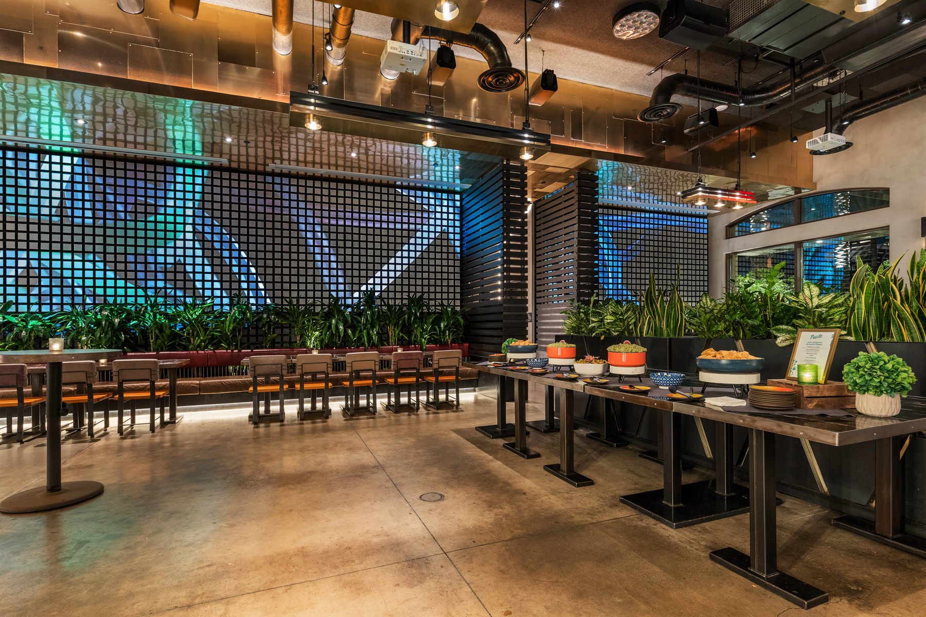 a building with a metal bench