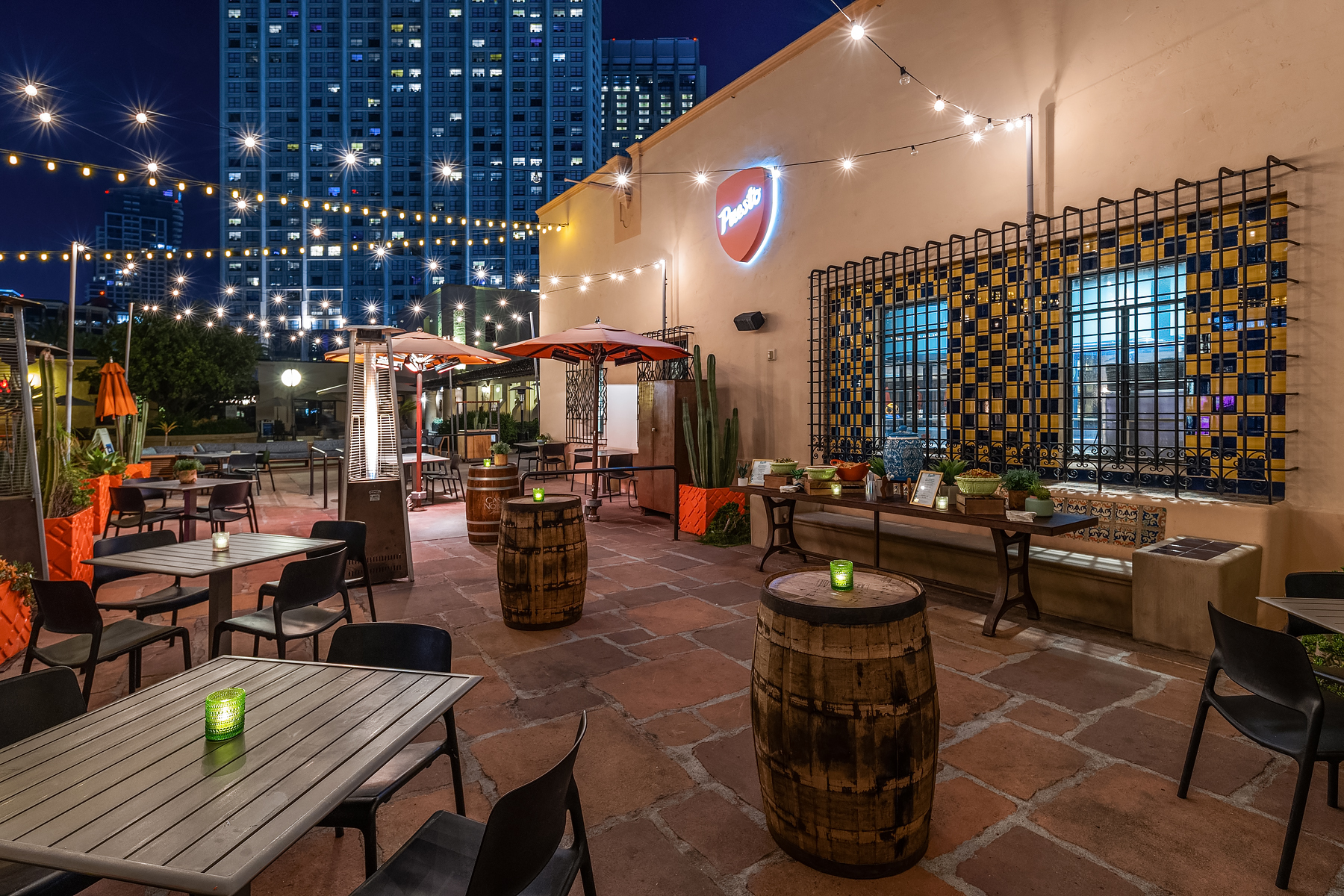 a room filled with furniture and a large building