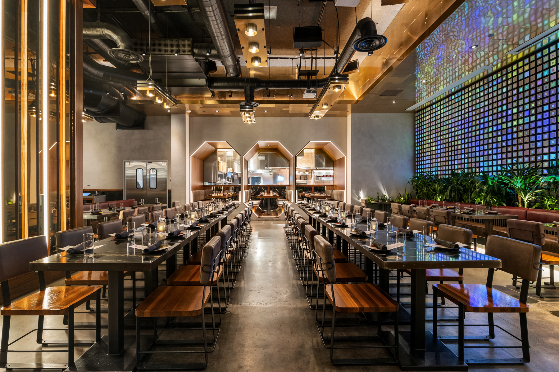 a dining room table in front of a building