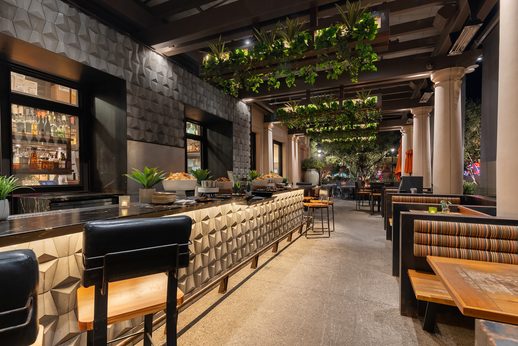 a room filled with furniture and a bench