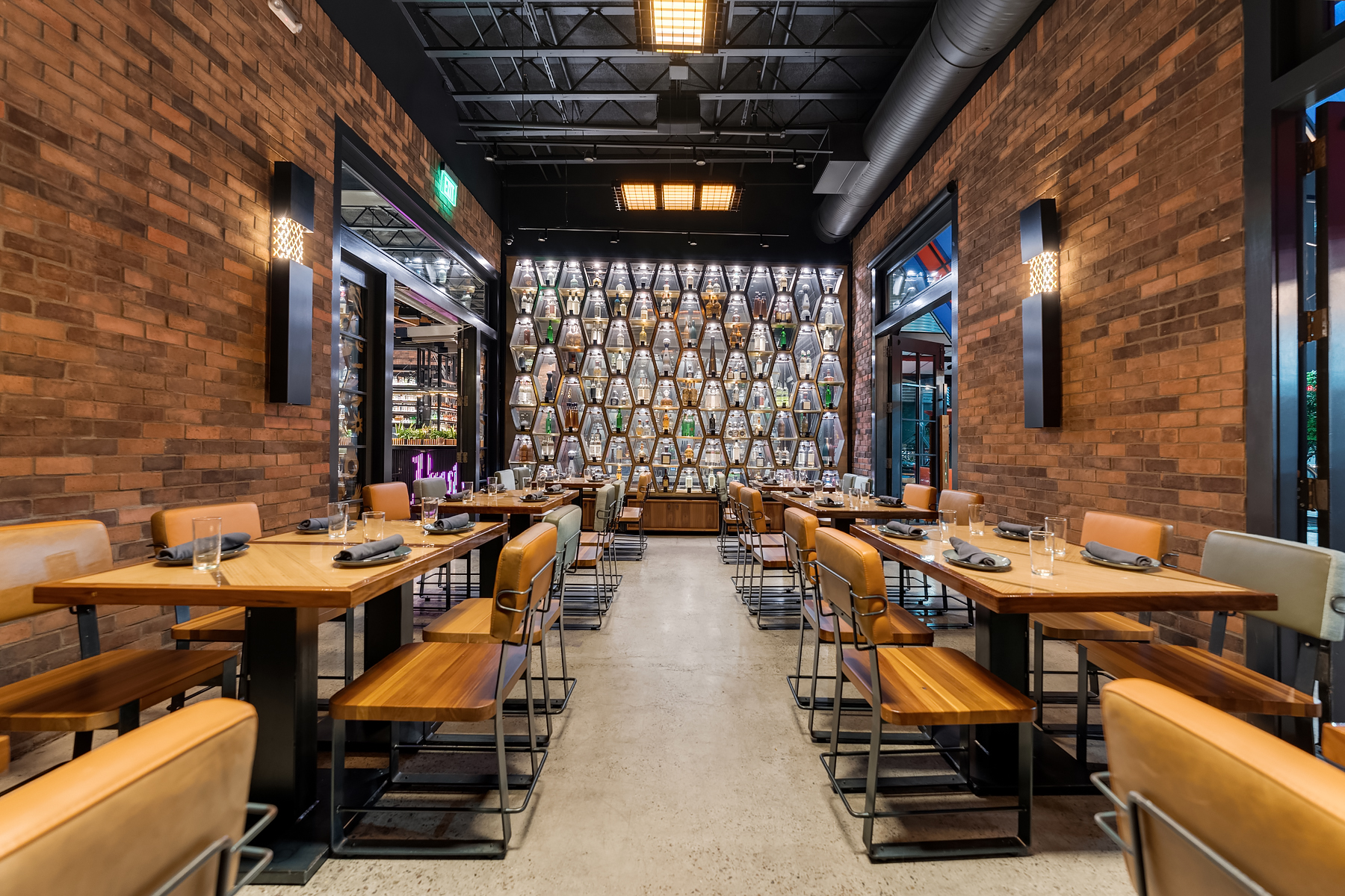 a dining room table in front of a building