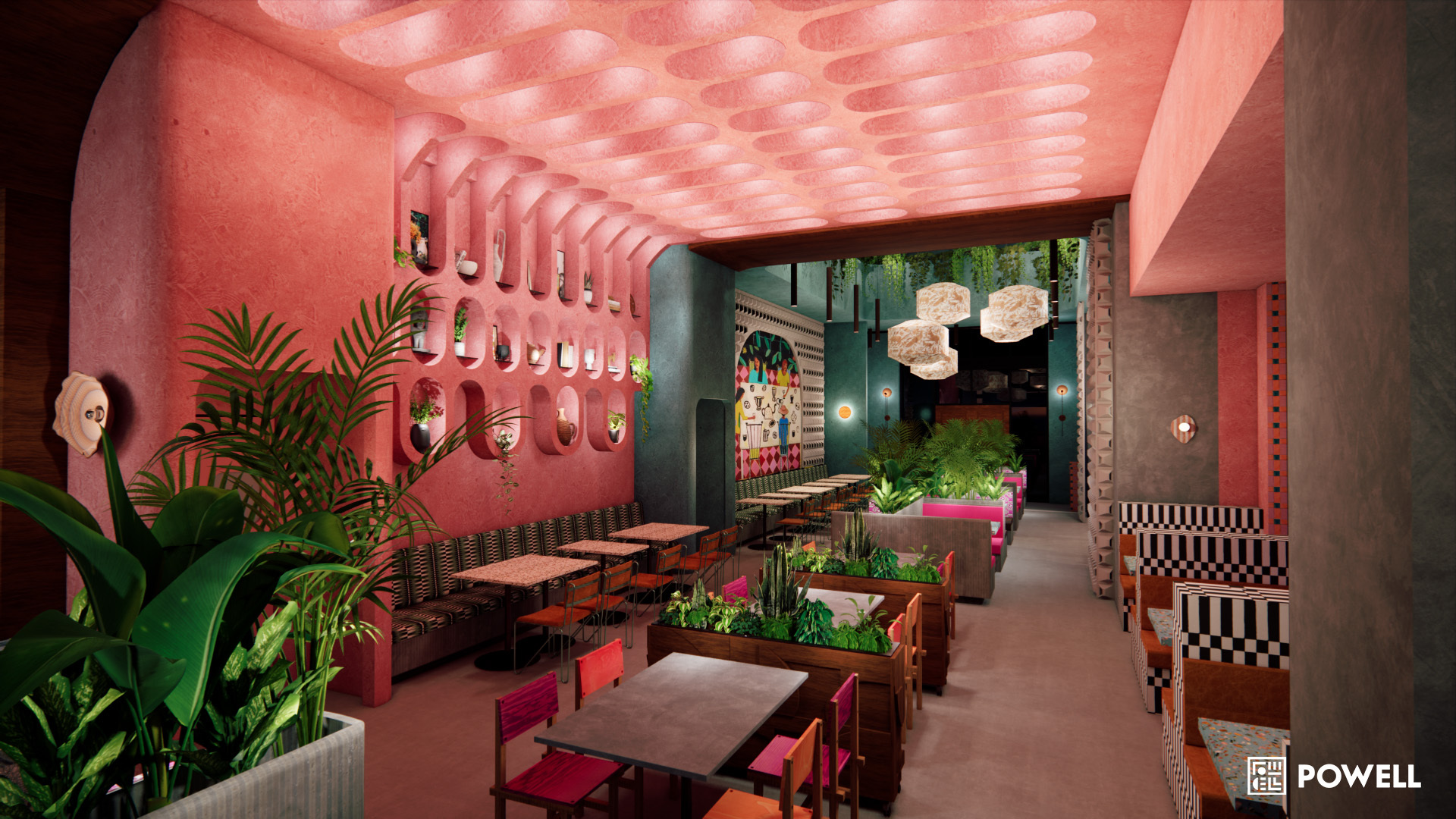 a living room filled with furniture and a large window