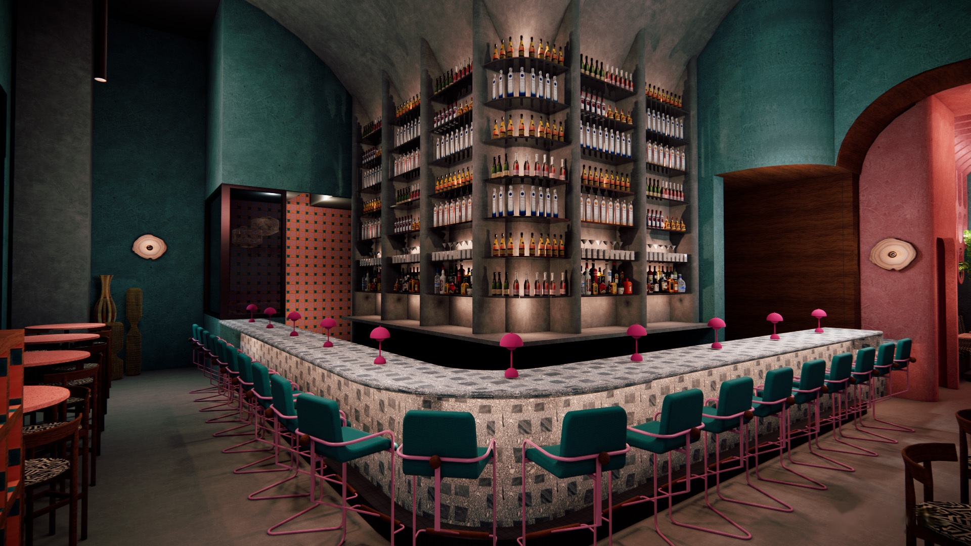 a bar with shelves of bottles and pink chairs