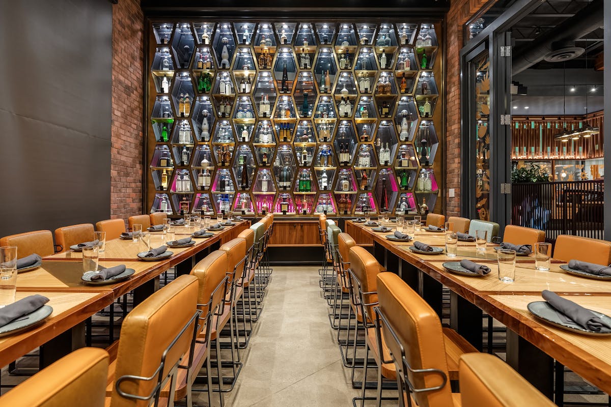 a long table in a restaurant