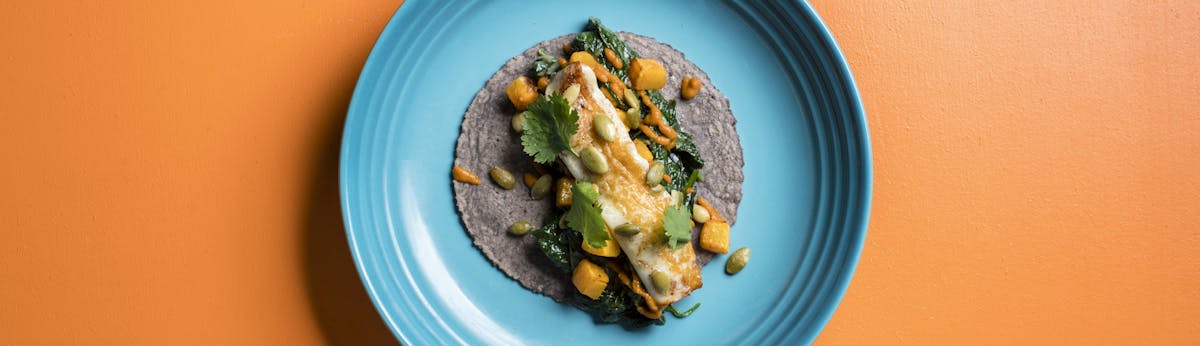 a blue tortilla taco on a plate