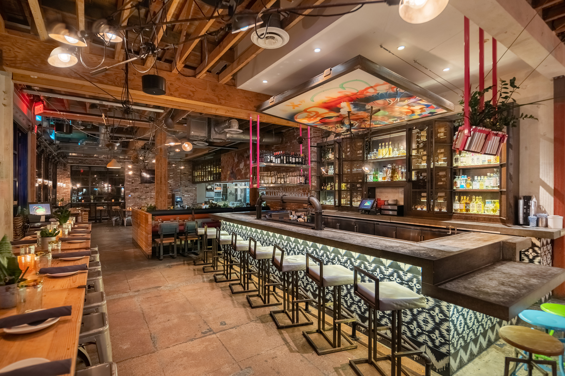 a dining room table in front of a store