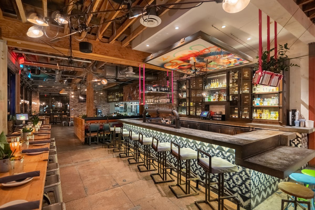a dining room table in front of a store