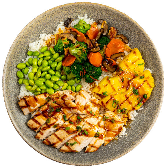 Pacific Catch Hawaiian Teriyaki Chicken Bowl with grilled chicken, jasmine rice, edamame, grilled pineapple and sautéed vegetables