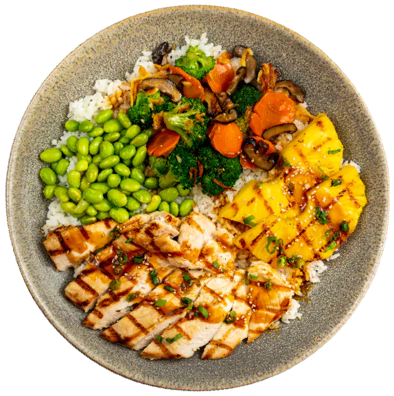 Pacific Catch Hawaiian Teriyaki Chicken Bowl with grilled chicken, jasmine rice, edamame, grilled pineapple and sautéed vegetables