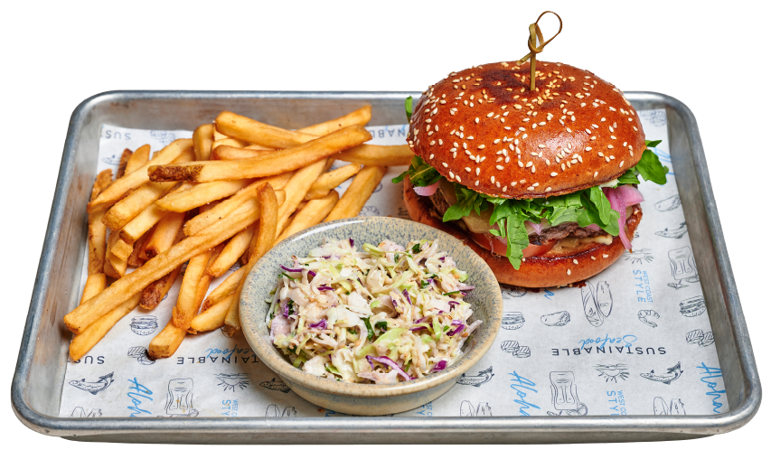 Wagyu cheeseburger with lettuce, tomato, pickled onions and melted cheese on a sesame brioche bun, served with fries and house-made coleslaw.