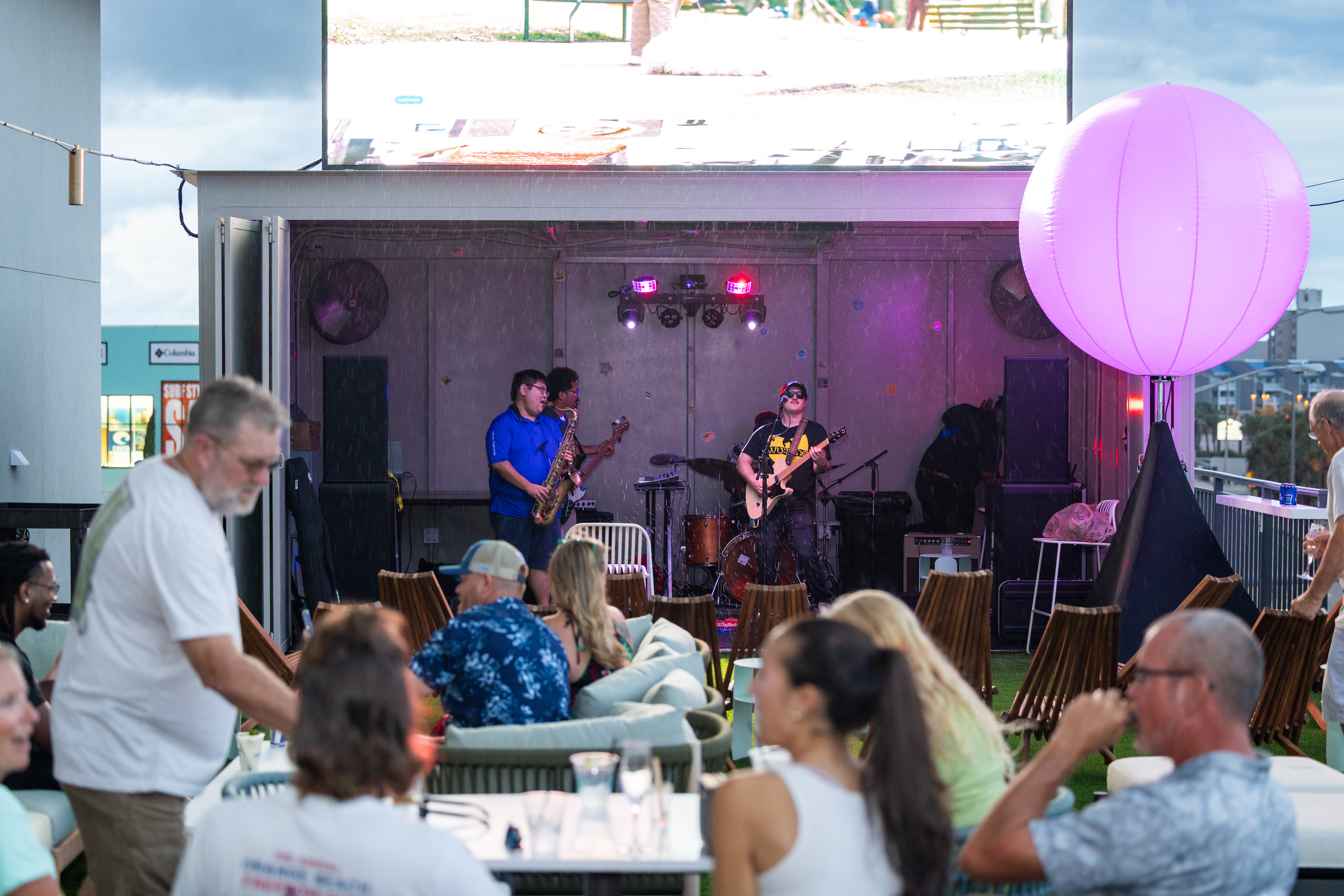 Live band performing at Soundwave rooftop bar in Gulf Shores