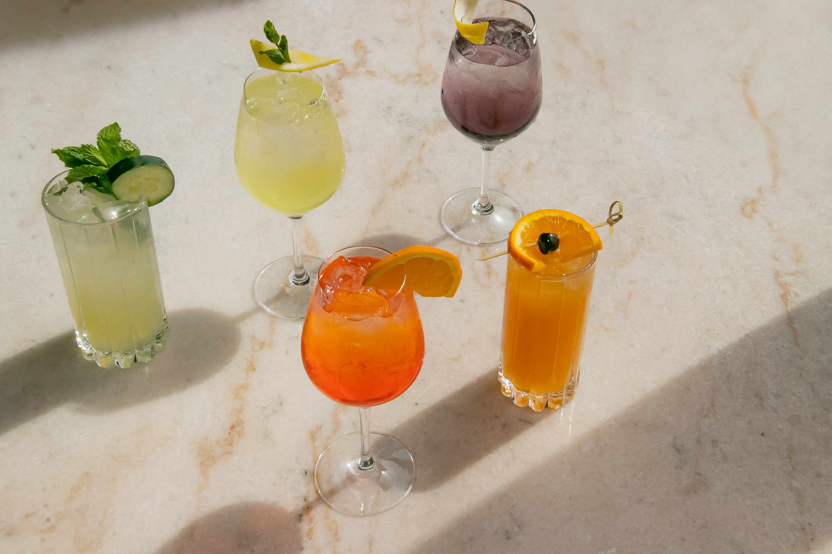 a group of drinks on a table
