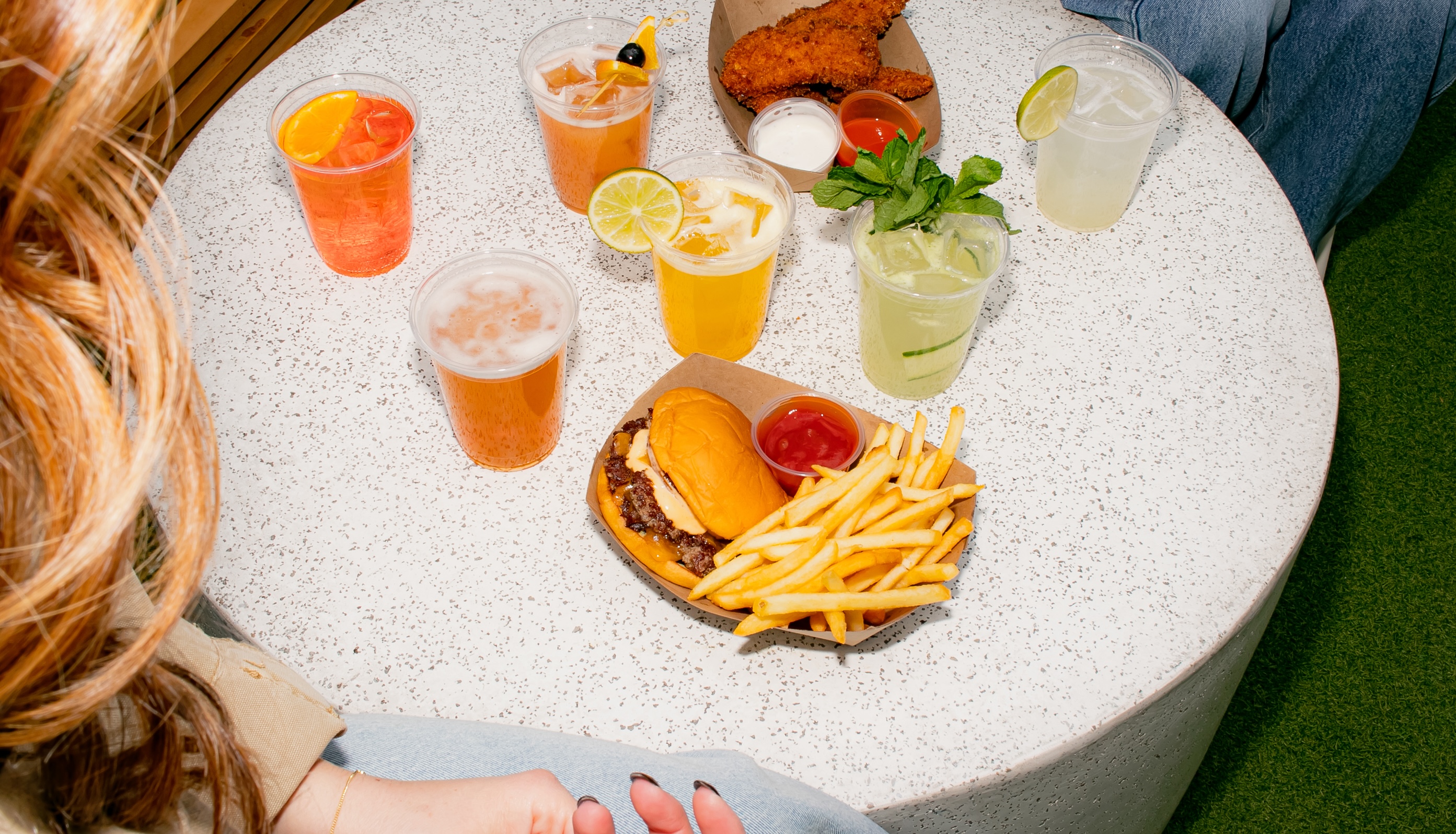 a table with food and drinks