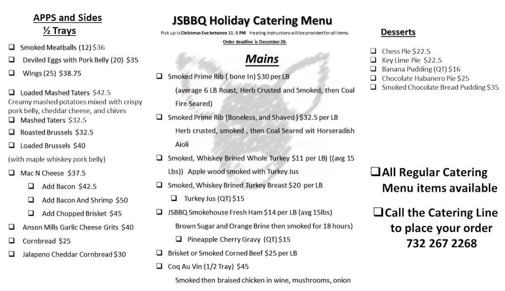 Holiday Menu 2022 Jersey Shore BBQ