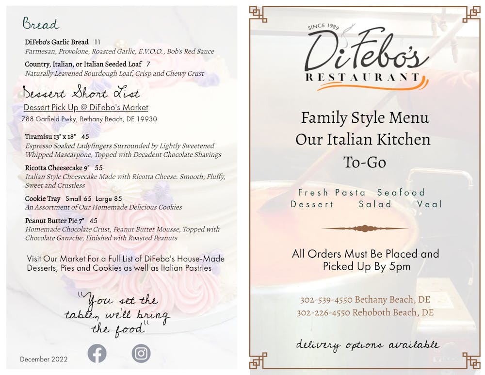 Menus DiFebo's Restaurants & Market