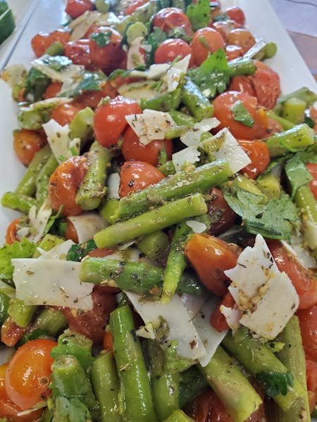 a dish is filled with food