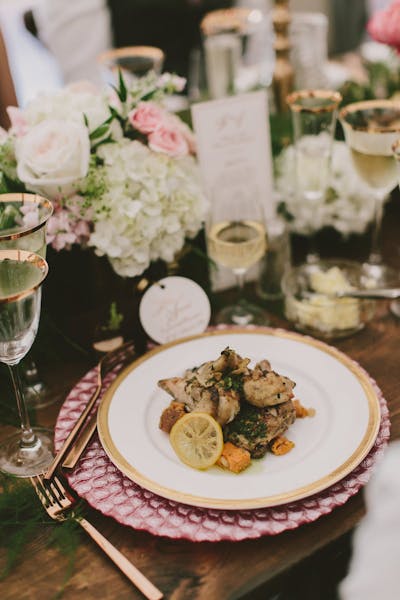 a plate of food and a glass of wine