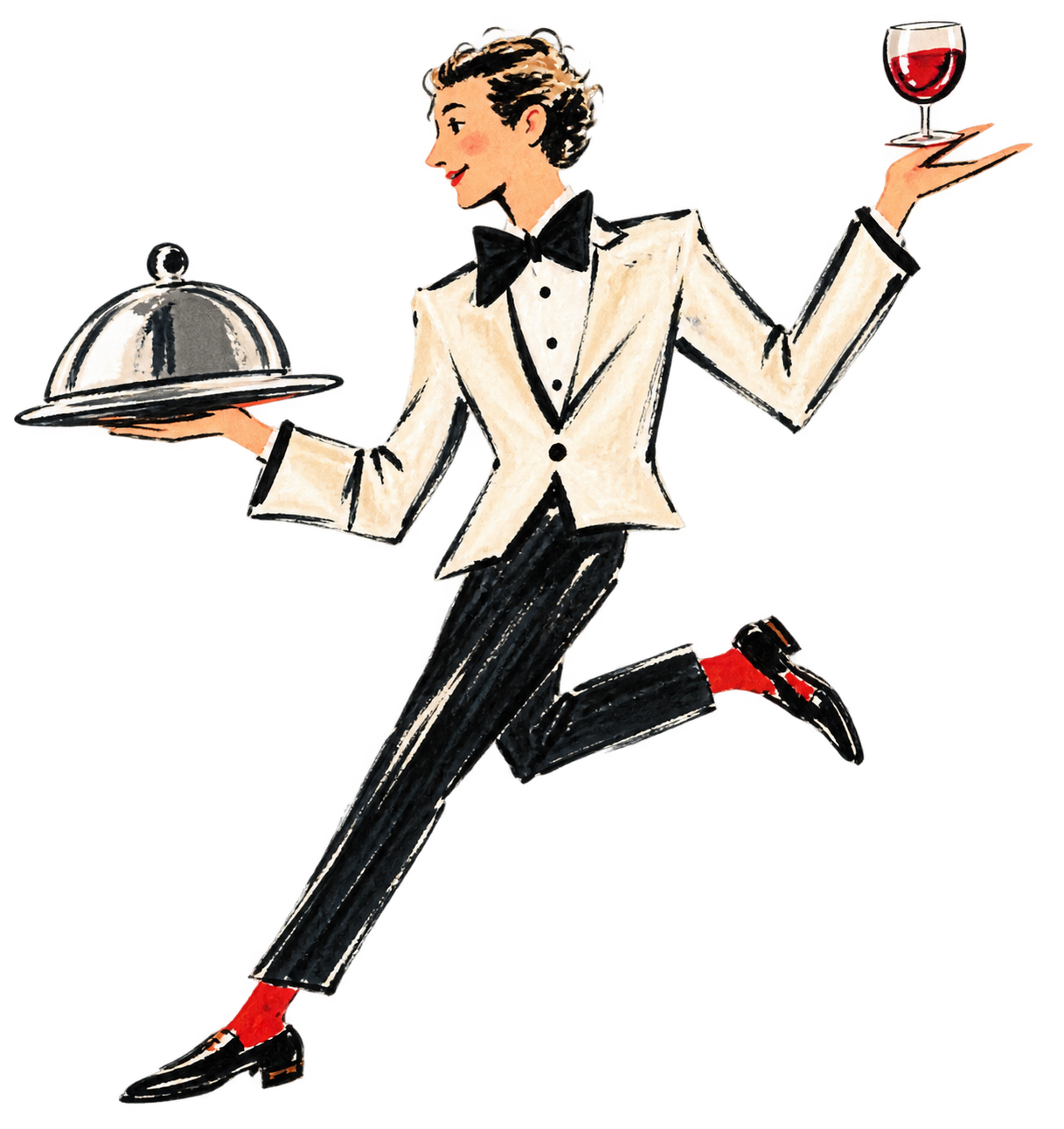 a cartoon of a waiter running with a tray and a glass of wine