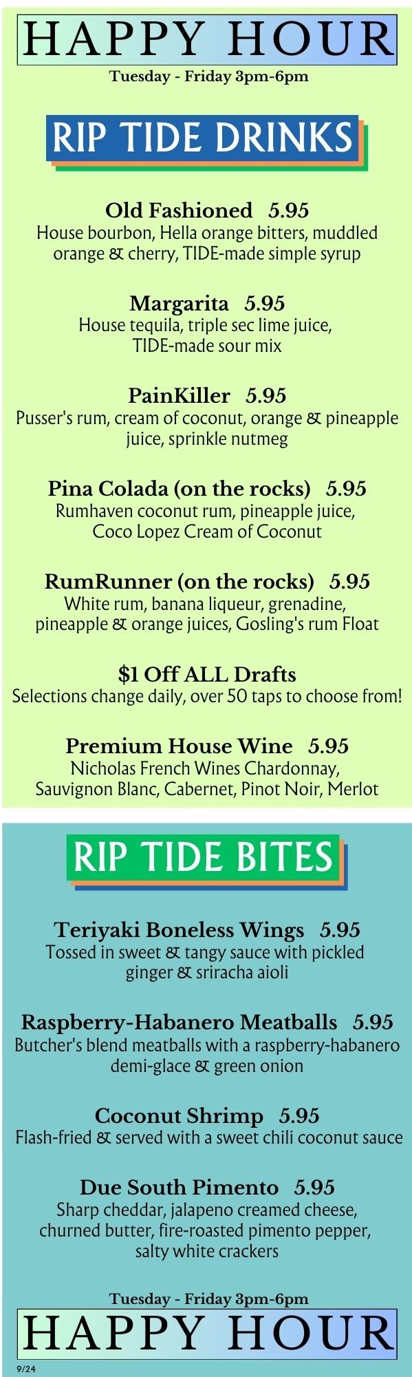 Happy Hour Menu appetizers and drinks