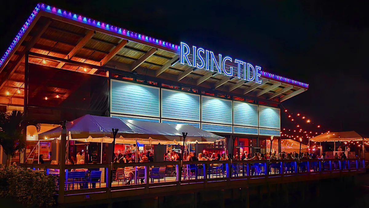 a store front at night