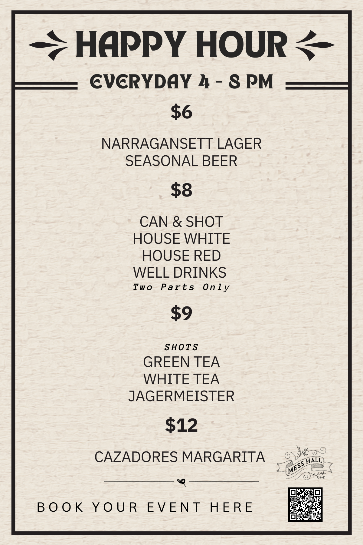 a menu with price list