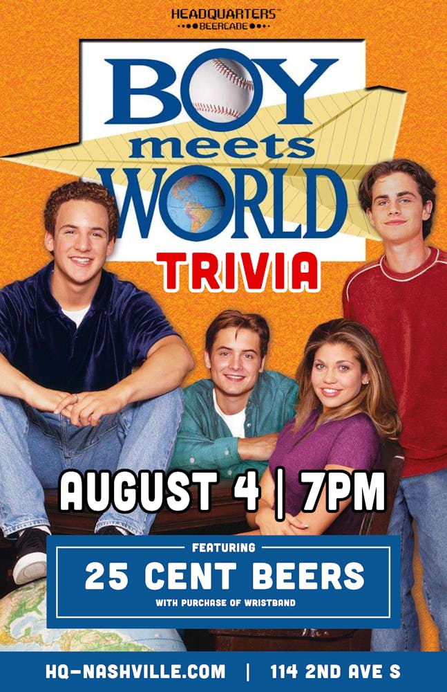 Ben Savage, Will Friedle, Danielle Fishel, Rider Strong posing for a photo in front of a sign
