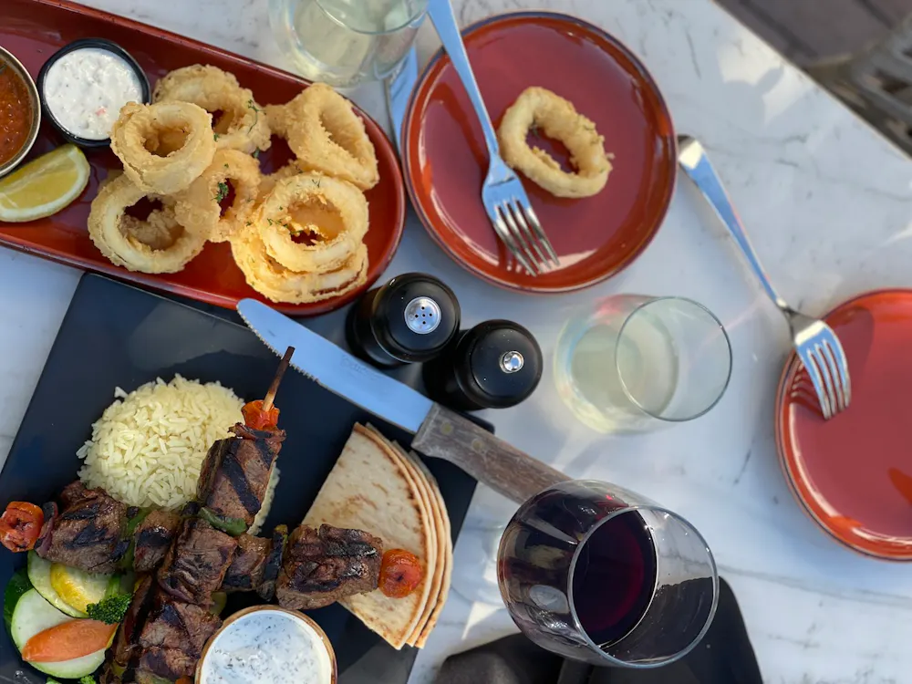 Beef-kebab and calamari fritti GG's Laguna Beach, california