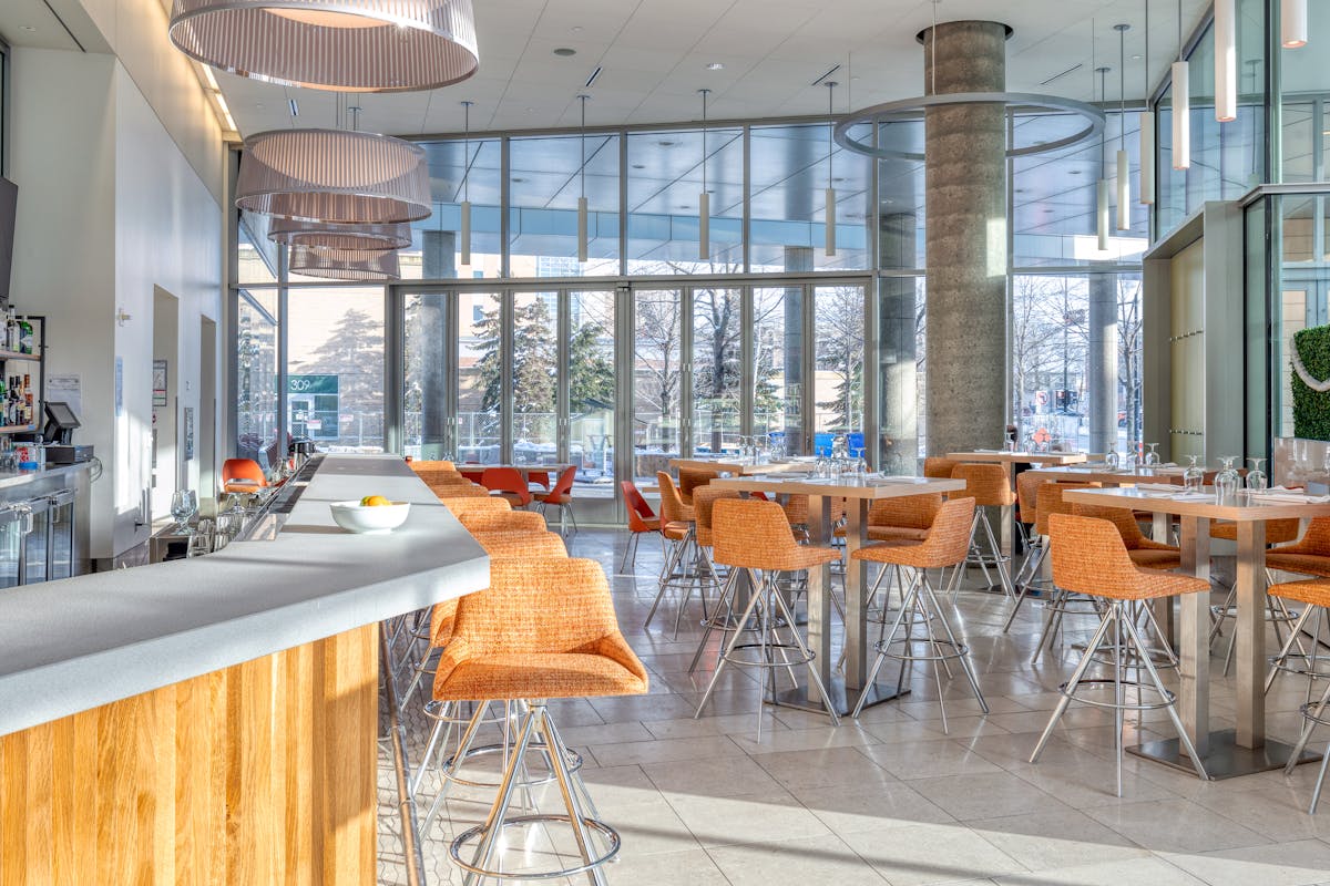 a dining room table in front of a building