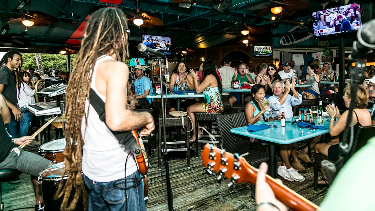 a group of people listening to live music at Deck 84