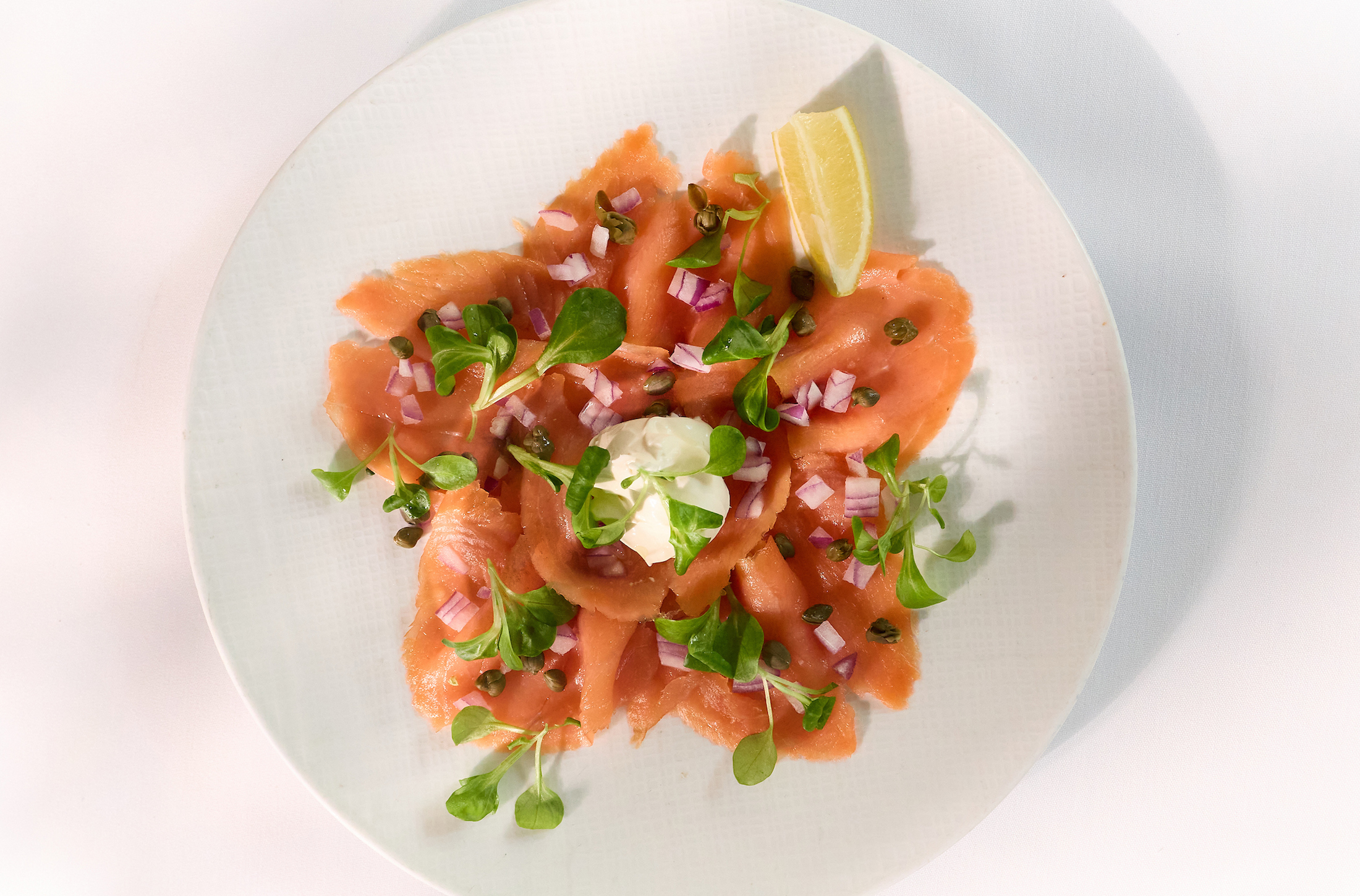 a plate of food on a white surface