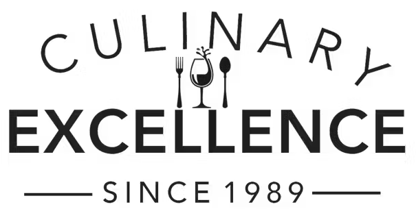 Culinary Excellence since 1989 logo with a fork, wine glass and spoon outline in the middle