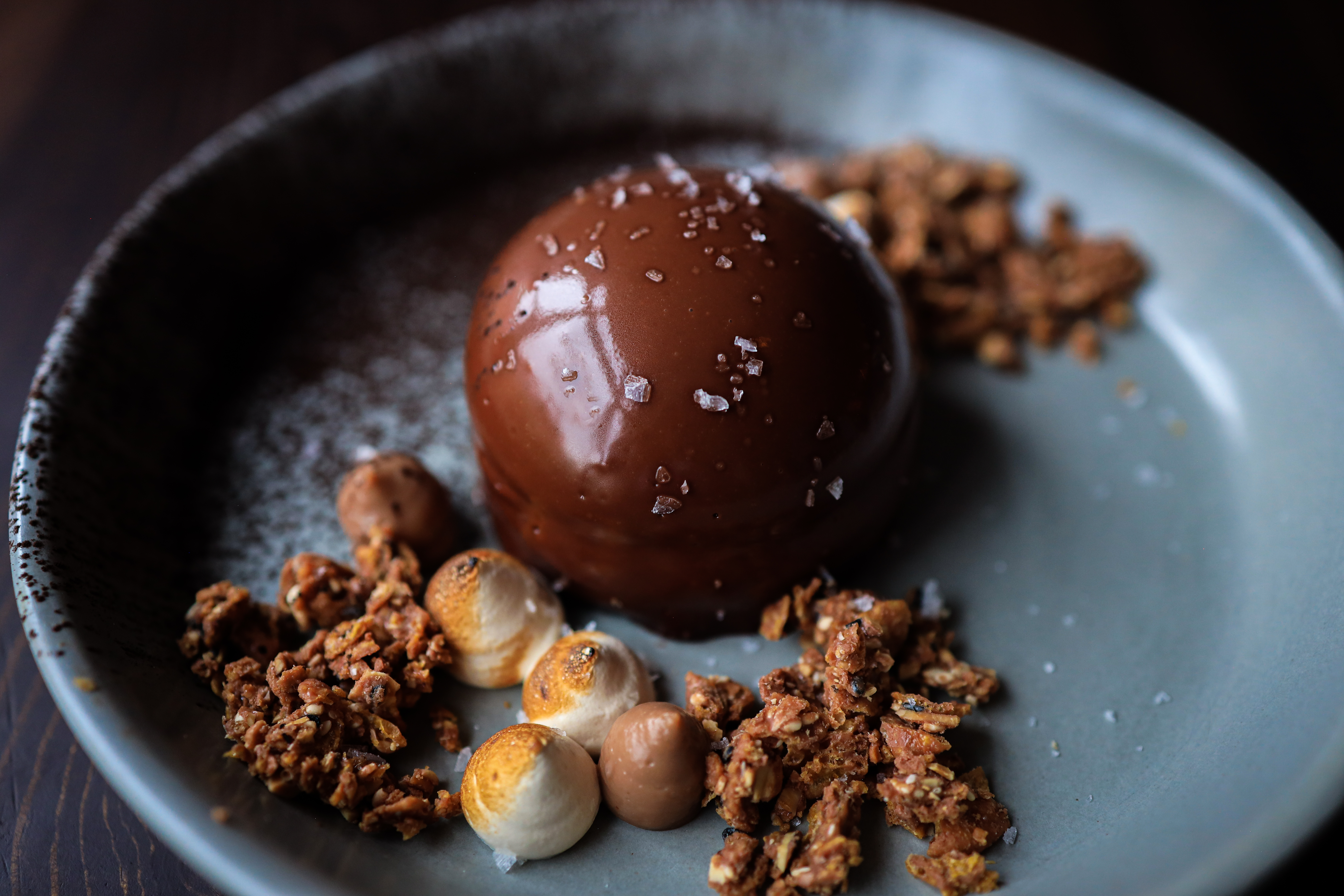 a chocolate ball with nuts and granola on a plate