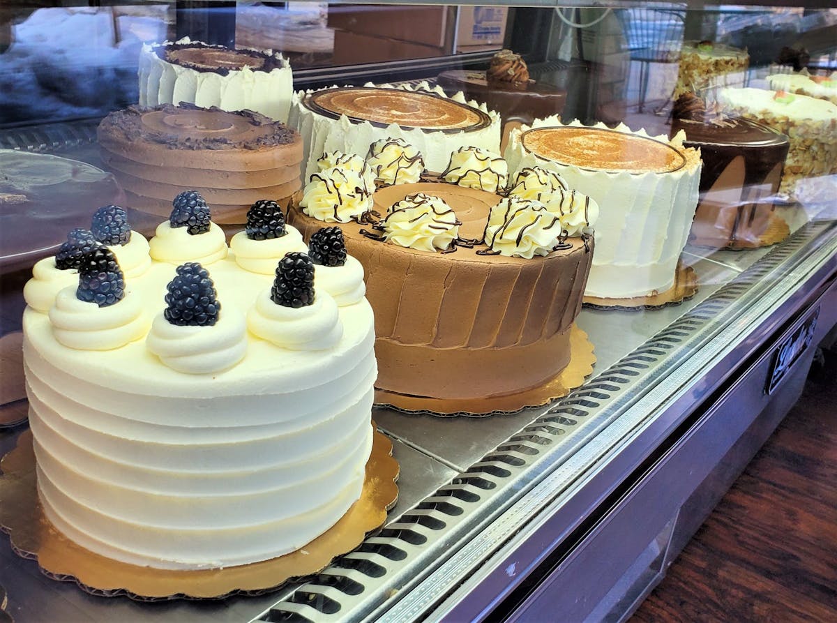 Cakes in a display shelves