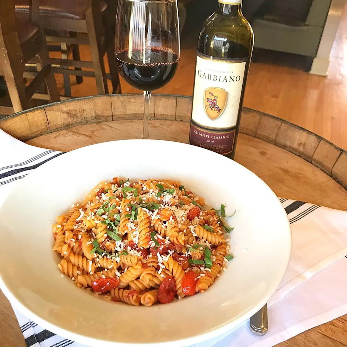 a plate of food and a glass of wine