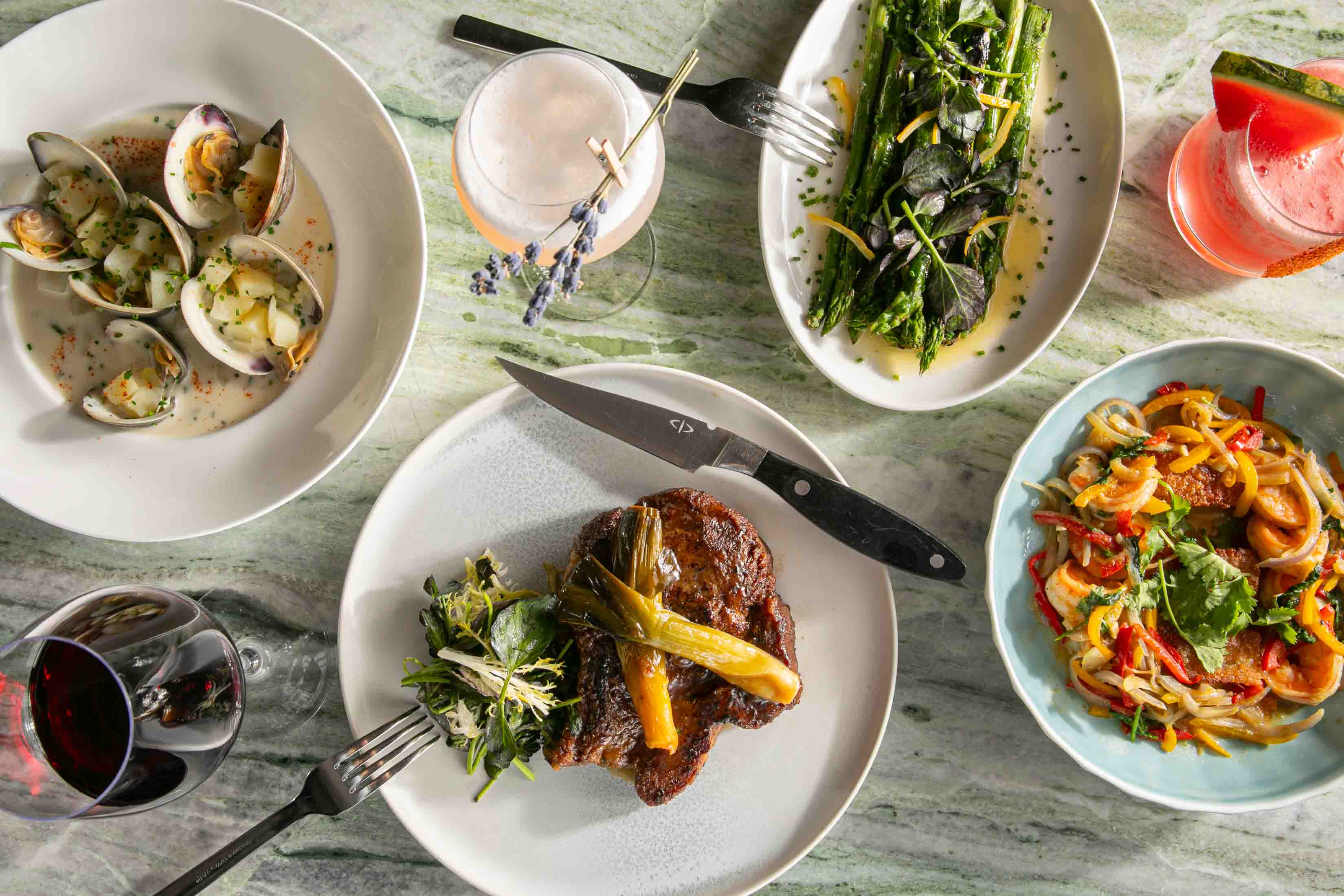 a table with plates of food