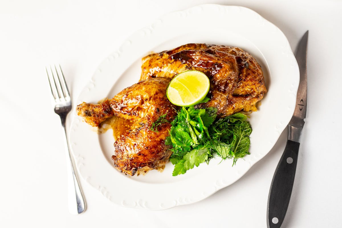 a plate of food with a fork and knife