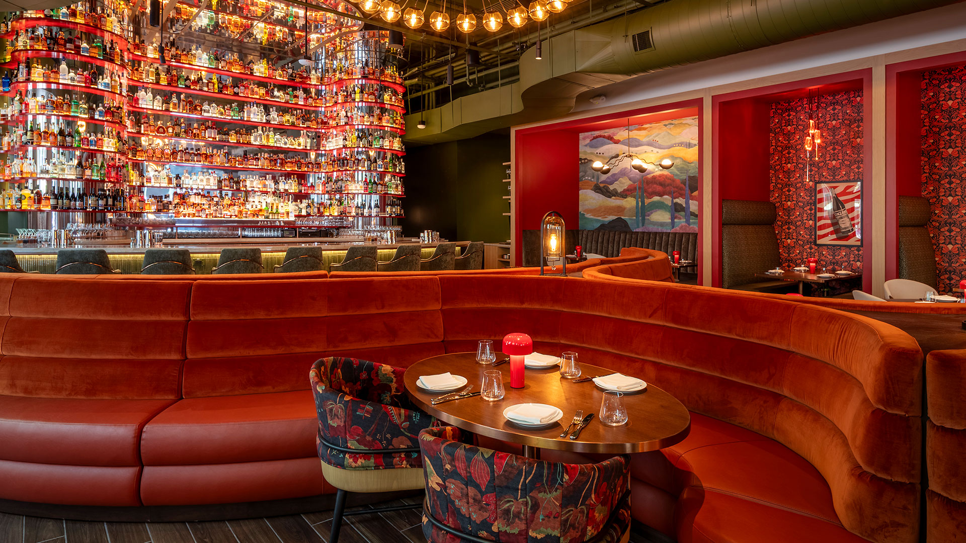 a room with a couch and table in a restaurant