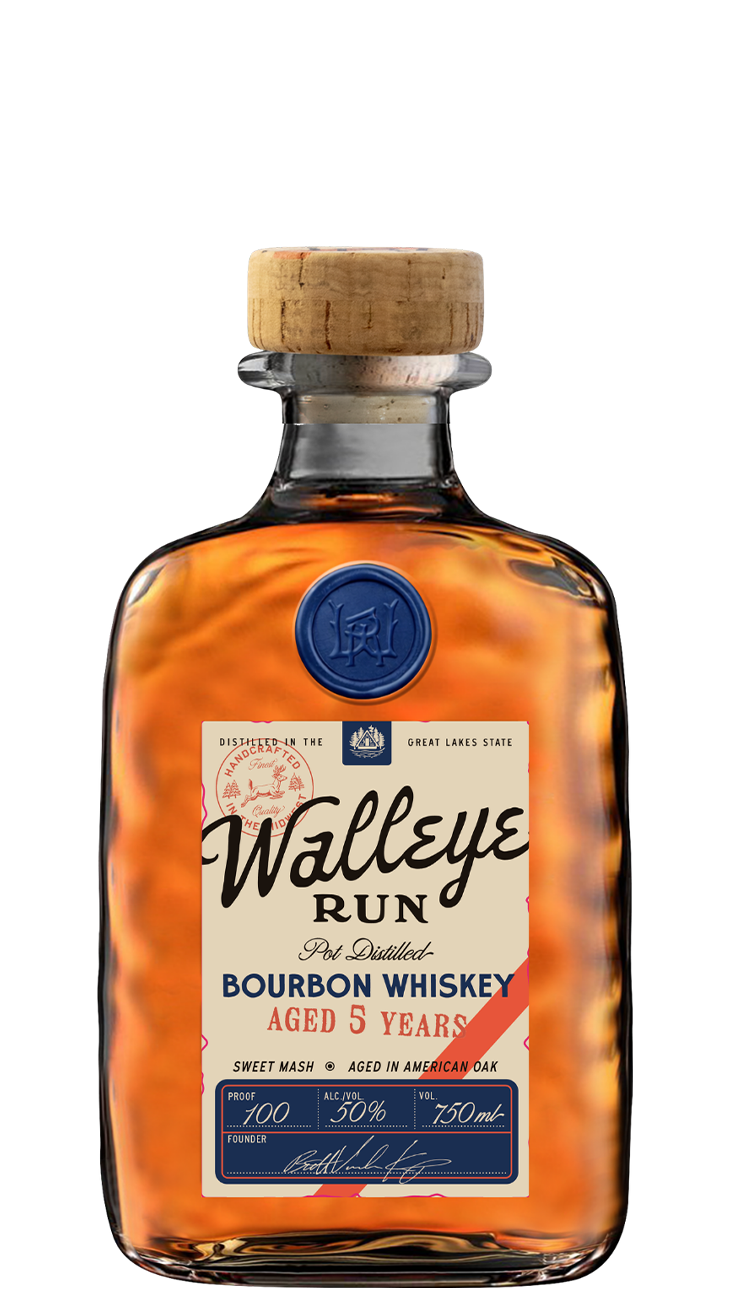 A bottle rendering of Walleye Run Bourbon Whiskey with a white, navy, and red label.