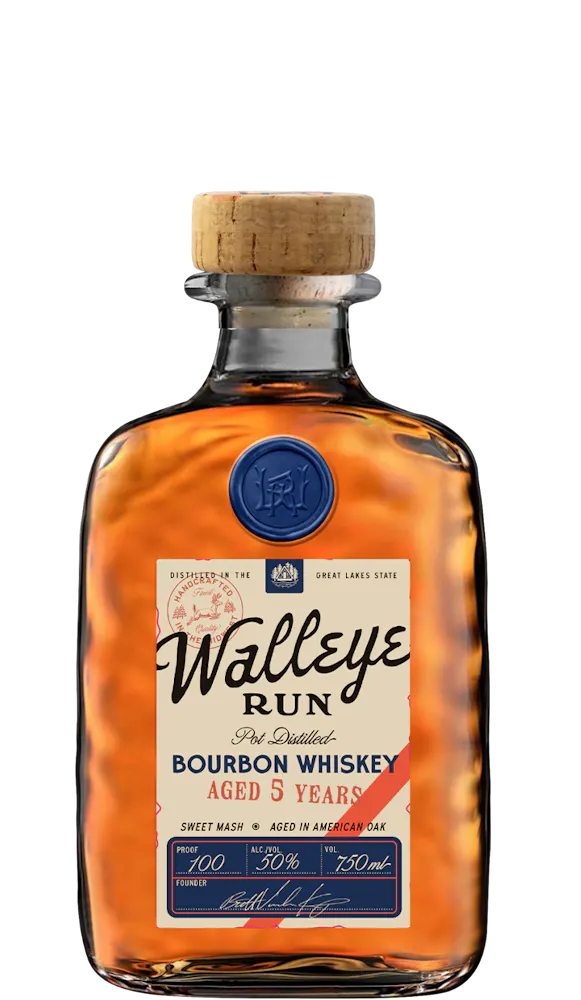 A bottle rendering of Walleye Run Bourbon Whiskey with a white, navy, and red label.