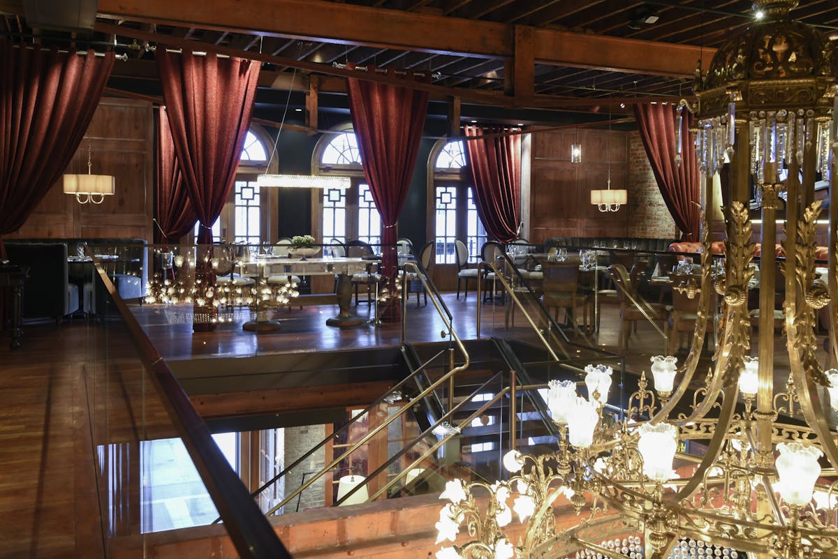 a large room filled with dining tables