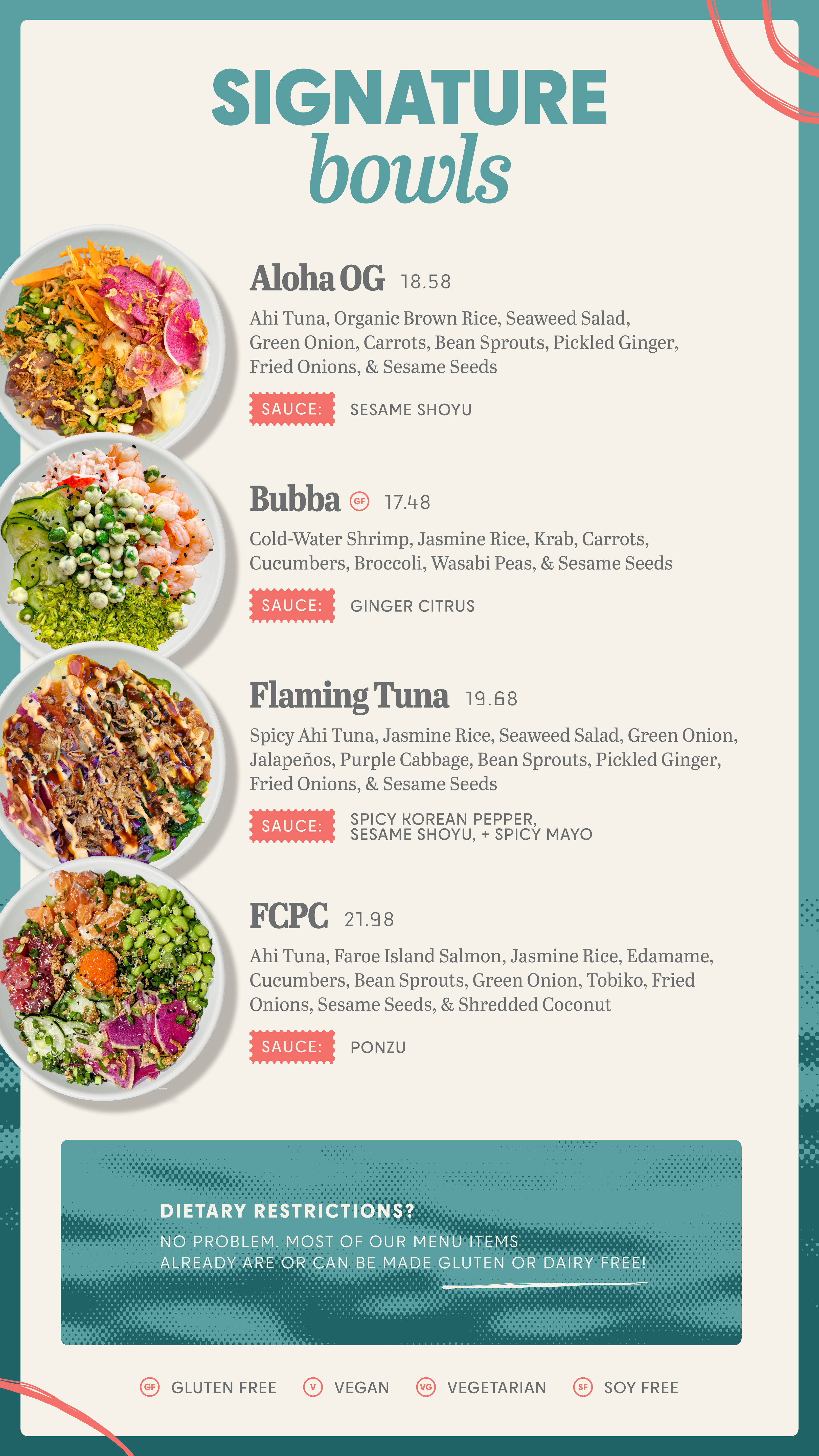 Signature poke bowls Buffalo NY Tuna Salmon Shrimp proteins with many healthy options